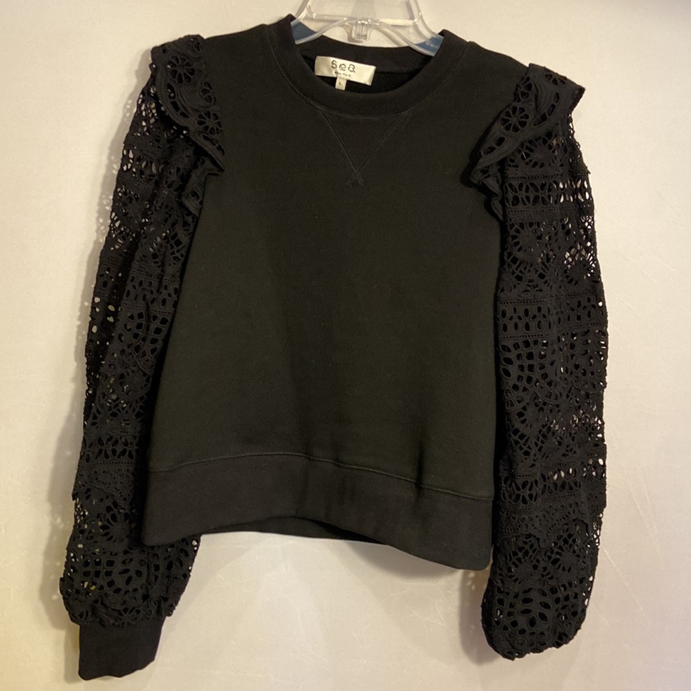SEA Patrizia Lace Combo Sweatshirt Top Black Cropped Puff Sleeve - Picture 4 of 8